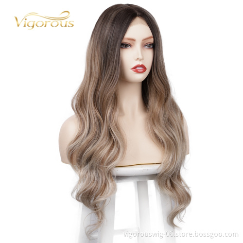 Vigorous Cheap U part Lace 100% Swiss Lace Front Ombre Wig Synthetic Hair Long Wavy Lace Frontal Colored Wigs For Black Women